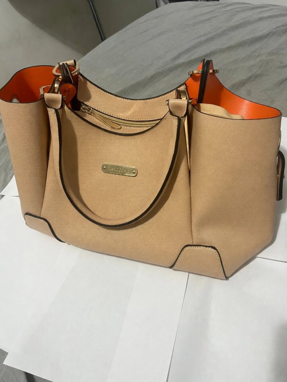 Manocchio Structured Beige Tote with Orange Interior and Gold Plaque